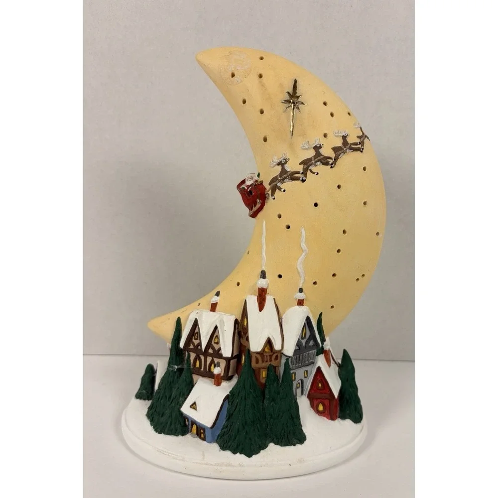 Crescent Moon Village Town Santa Snow Scape Light Lamp Ceramic No Light Kit